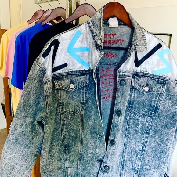 ZEUS Retro Acid Wash Custom Painted Streetstyle Boyfriend Denim Trucker Jacket L - Picture 3 of 6